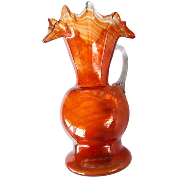 Vintage Fenton Orange Swirl Ruffled Fluted Pitcher Vase 7” x 3” Blue Tint Handle - Picture 12 of 14